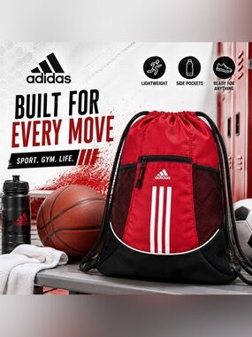 Adidas Red & Black Drawstring Backpack Gym Sack Cinch Bag with Front Zip Pocket